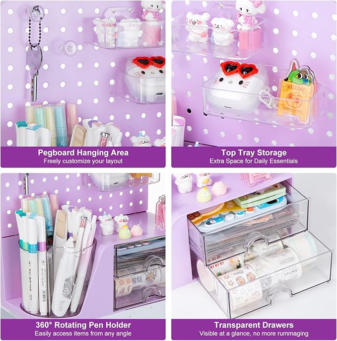 Comix Desk Organizer with 2 Drawer, Purple 360 Rotating Pen Holder for Desk | Desk Organizers and Accessories with 5 Slots Pencil Holder+Pegboard+Drawer, Pen Organizer for Home School Art Office Supplies