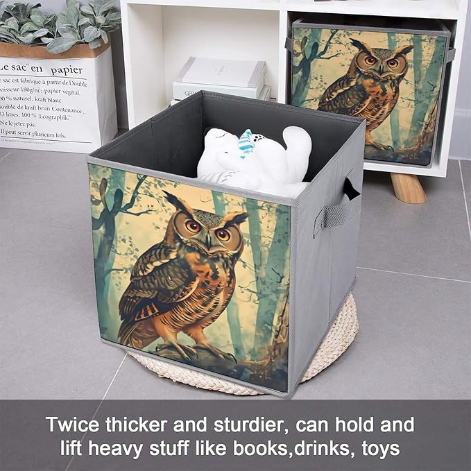 An Owl, A Quiet Forest Foldable Storage Bins, 10.6" Cube Storage Organizer, Sturdy Oxford Cloth Fabric Baskets for Closet, Shelf, Nursery, Bedroom, Decorative Printed Box for Toys & Clothes