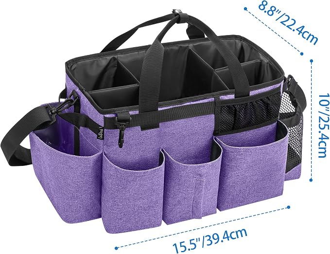 LoDrid Wearable Cleaning Caddy Bag with 4 Foldable Dividers, Purple | Cleaning Supply Organizer with Shoulder Strap and Side Handles for Cleaners & Housekeepers