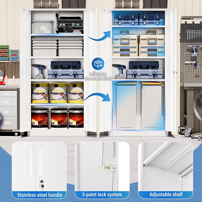 Greenvelly White Metal Storage Cabinet, 72" Locking Storage Cabinets with Doors and 4 Shelves, Tall Tool Storage Cabinet for Garage, Steel Lockable File Cabinet Metal Locker for Home Office, Classroom