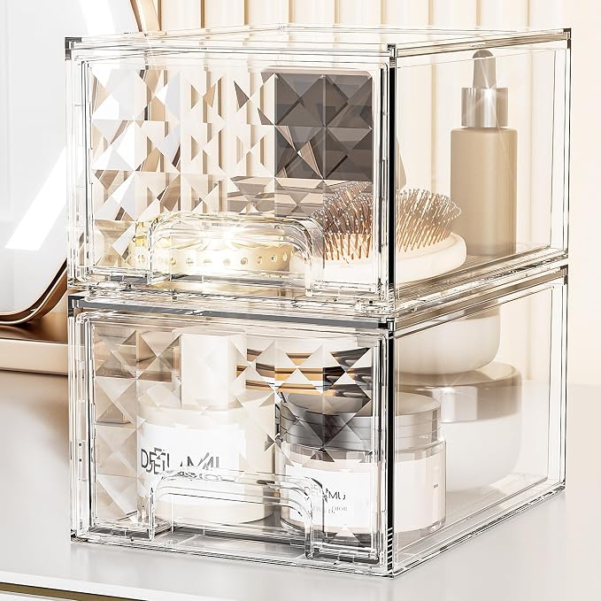 Delamu 2 Pack Stackable Storage Drawers organizer, Clear | Acrylic Makeup Organizer for Bathroom Countertop Storage, Desk, Vanity, Medicine Cabinet, Under Sink, Baby Bottles, for Women