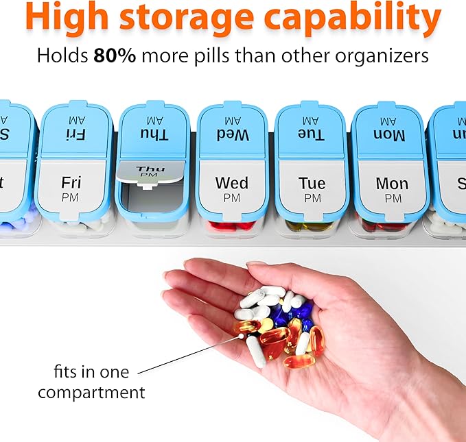 Extra Large Pill Organizer – Weekly Pill Box 7 Day AM PM for Big Vitamins & Supplements, Large Capacity Medication Dispenser with 7 Detachable Compartments, XL Pill Organizer 2 Times a Day