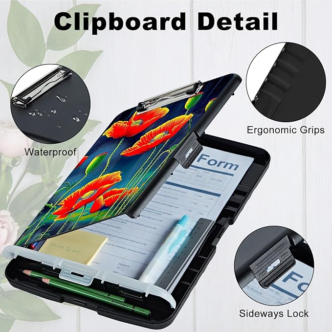 Artistic Red Flower A4 Clipboard with Storage Pen Holder, Clipboards Organizer Nursing Clipboard Foldable File Folder Plastic Clipboard Folio Clip Board for Office Students Classroom Doctor