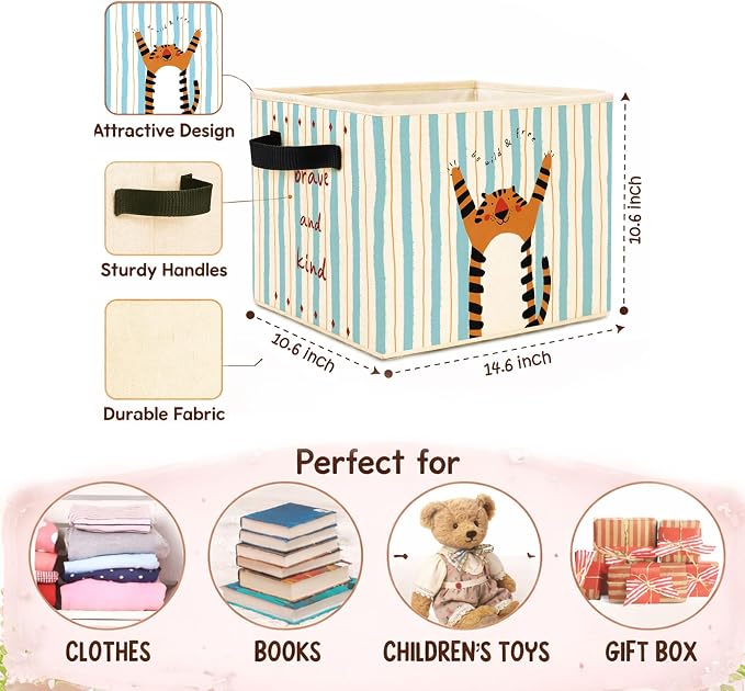 Tiger Storage Bin, Brave and Kind Blue Stripe Foldable Fabric Basket | Foldable tiger fabric organizer with Brave and Kind design for nursery, bedroom, playroom, toys, books, clothes