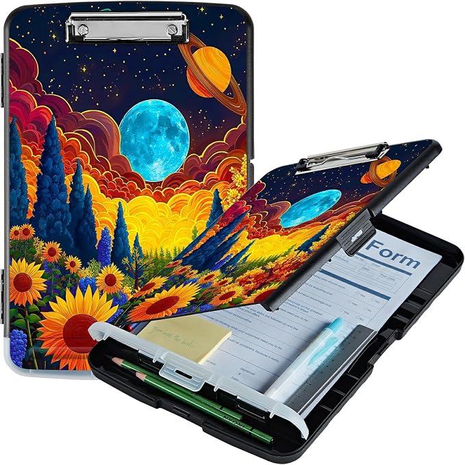 Sunflower Clouds Moon A4 Clipboard with Storage Pen Holder, Clipboards Organizer Nursing Clipboard Foldable File Folder Plastic Clipboard Folio Clip Board for Office Students Classroom