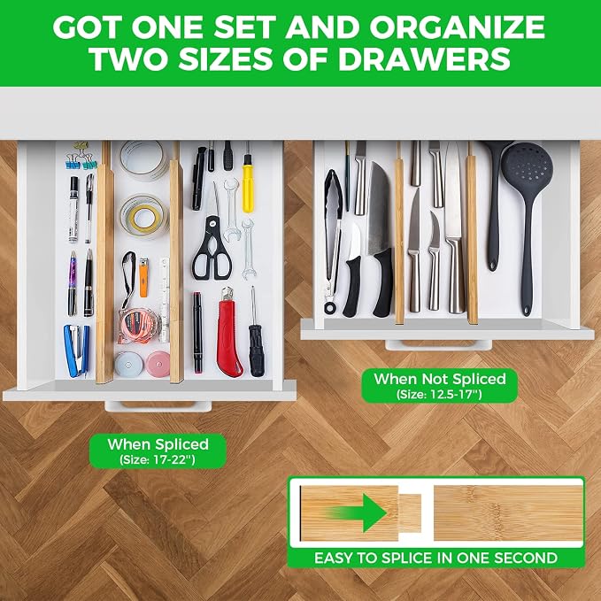 4 Pack Bamboo Drawer Dividers Organizer with Inserts 2.6'' High | Expandable from 12.5-21.7", Adjustable Drawer Organizer Separators for Utensils, Clothing, Office, Dresser, Bedroom, (Beige)