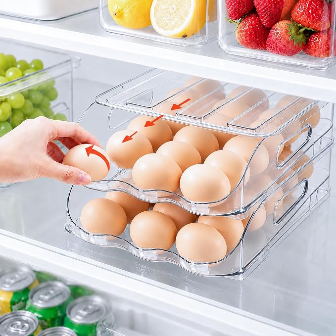 SMRCAD 36-Egg Dispenser with Silicone Bumpers, Auto-Rolling, Stackable | BPA-free food-grade PET | Stackable with lid | Built-in handle | 11.92"L x 8.85"W x 5.4"H | Hand wash only
