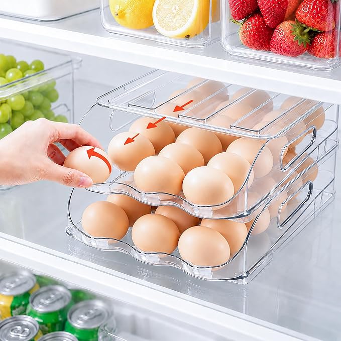 SMRCAD 18-Egg Dispenser with Silicone Bumpers, Auto-Rolling, Stackable | BPA-free food-grade PET | Stackable with lid | Built-in handle | 11.92"L x 8.85"W x 2.9"H | Hand wash only