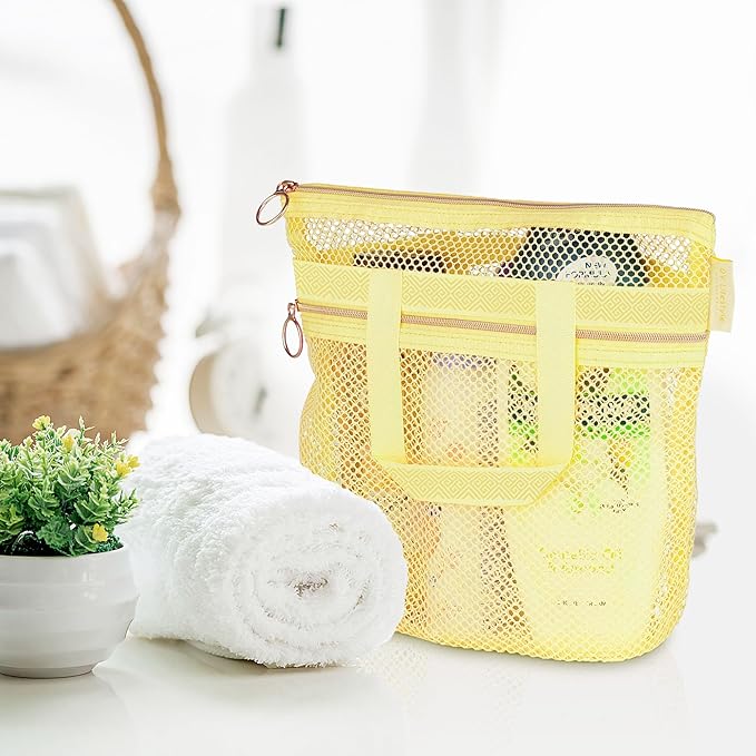 Mesh Shower Bag 10.2x9.9'' Quick-Dry Caddy with Zipper & 2 Pockets. Portable Toiletry Tote for Bathroom, Gym, Travel, Camp, Beach, for Sunscreen, Dorm & College Essentials (Yellow)