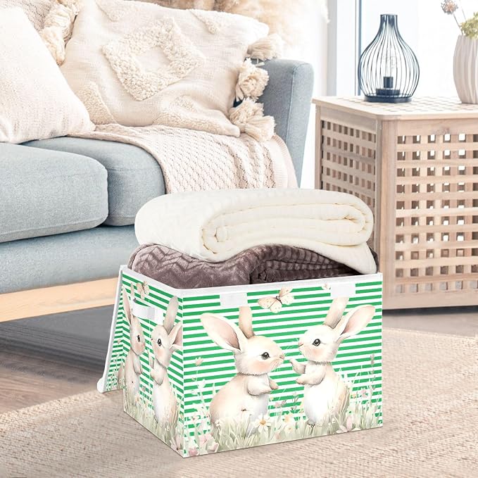 Fabric Storage Bins with Lid Rabbit Floral Foldable Storage Boxes 40L | Decorative Storage Boxes, Foldable & Stackable, Dust-Proof Flip Top, Reinforced Handles, For Home & Dorm, Clothes & Toy Box