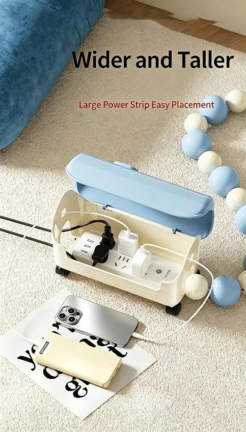 Cable Management Box with Decorative Beads, House Shaped Power Strip Storage, pet Proof Cord Concealer, Rolling Wire Organizer, Maple red Decorative Cord Box