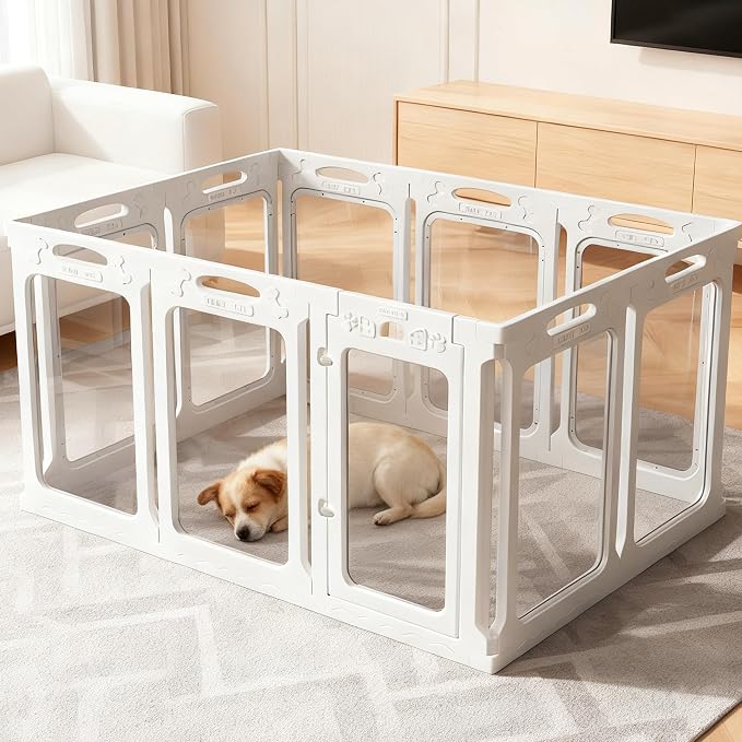 Clear Acrylic Indoor Dog Playpen, 24" H, 10 Panels, White | Open View, Modern Home, No Climbing Bars, Tool-Free Setup, For Puppies & Small Dogs