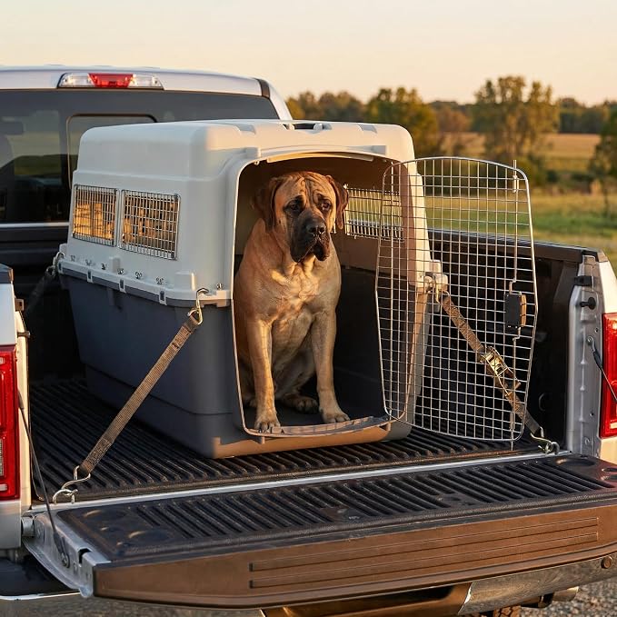 SportPet Airline Compliant XXX-LARGE 48" Travel Dog Kennel-Durable Plastic Airline Pet Carrier w/Removable Wheels & Food Bowls, Collapsible Indoor/Outdoor Dog Kennel, Dogs up to 44"L & 33"H-Cream/Gray