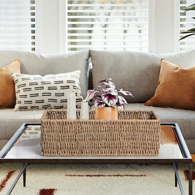 JS HANGER Toilet Basket Tank Topper， Seagrass Storage Baskets, Rectangular Wicker Baskets for Toilet Tank Top, Bathroom Wicker Basket, 14.9"L x 6.3"W x 4.7"H, 2-Pack
