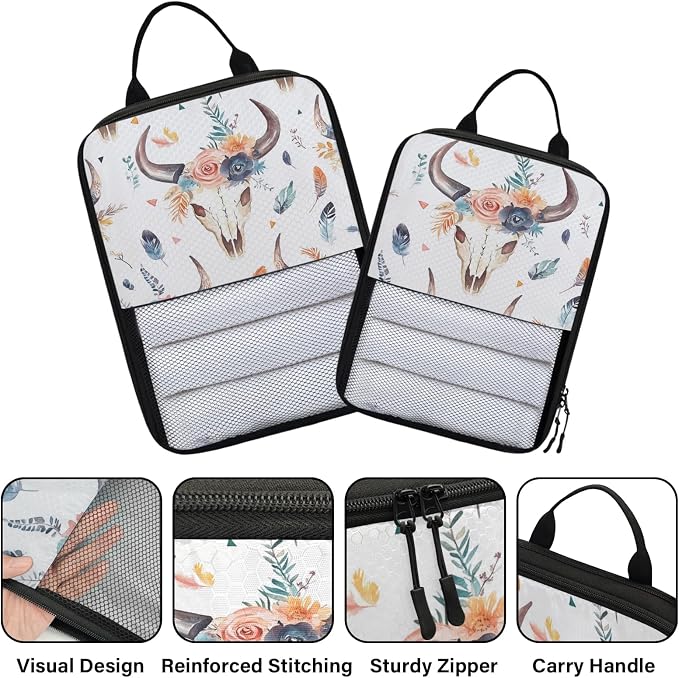 Western Bull Skull 6 Set Compression Packing Cubes | Cow Skulls Travel Accessories Expandable Packing Organizers Space Saver Bags for Organizing Clothes