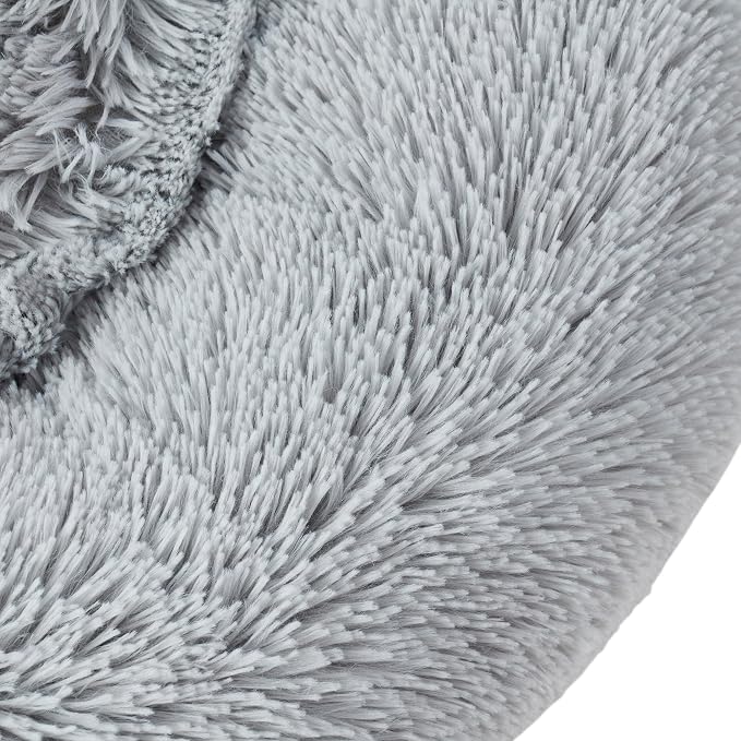 Dog & Cat Bed: Round Faux Fur Pet Bed - Plush, Cozy, & Calming Donut Bed for Large Pets - Soft & Comfortable Sleeping Cushion for Napping & Lounging, 30" Round, Silver