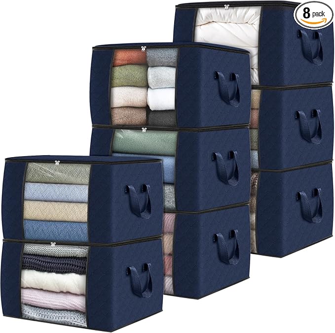 8 Pack Storage Bags for Clothes Blanket Storage Bins with Lids | Foldable Closet Organizers with Zippers,Window and Handles,Fabric Storage Bins for Sweater,Comforter,Bedding,Dorm essentials