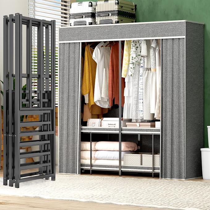 Umeiga Heavy Duty Portable Closet with Cover 1200Ibs Foldable Covered Clothes Rack for Hanging Armoire Wardrobe Closet System Freestanding Coat Storage Garment Racks 60" W x 71" H x 20" D