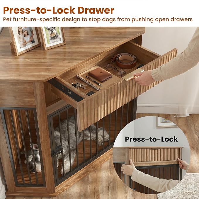 44.6" Corner Dog Crate Furniture for Small Medium Dogs, Modern Medium Size Decorative Dog Crates End Table with Fluted Drawer, Wooden Dogs Cage Kennel Furniture for Home Décor, Walnut