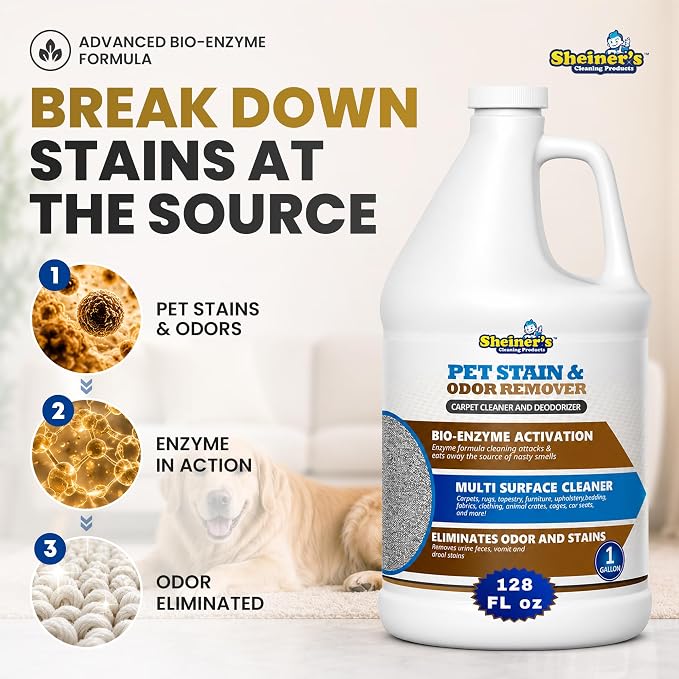 Sheiner's Pet Urine Enzyme Cleaner & Pet Stain & Odor Remover, Advanced Enzymatic Cleaner Solution for Carpets, Rugs, Upholstery & Multi-Surfaces, Safe for Pets & Kids. (128 oz)