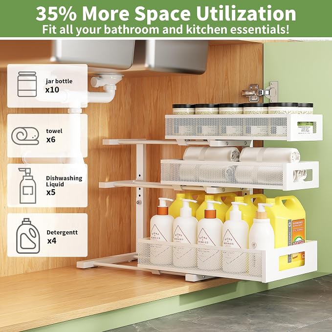 Under Sink Organizer,3-Tier Heavy Duty Pull out Cabinet Organizer Shelf | Height Adjustable,Thickened Metal,Slide out Storage Drawer Rack for Kitchen Bathroom Pantry Laundry Home Organization