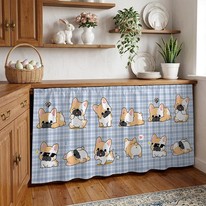Cute Puppy Sink Skirt for Bathroom, Self-Adhesive Under Sink Curtain, Blue Purple Plaid Modern Funny Dogs Pet Hide Pipes & Storage Fabric Cabinet Skirt Cover for Kitchen Laundry 32"x55"