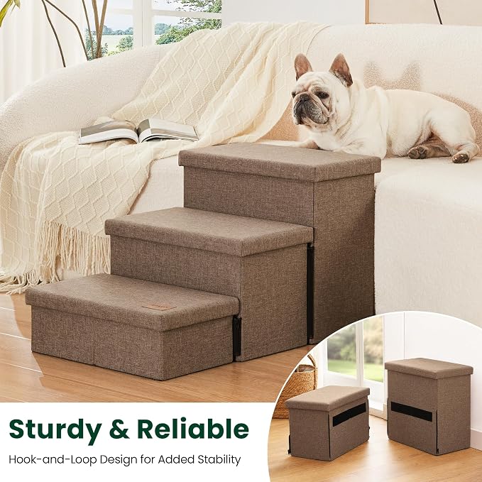 Love's cabin Dog Stairs for High Bed, Foldable Pet Stairs for Small Medium or Large Dogs Puppy with Storage for Bed or Couch, Cat Dog Steps Ramp with Zip up to 200 lbs, Light Brown, 3 Steps