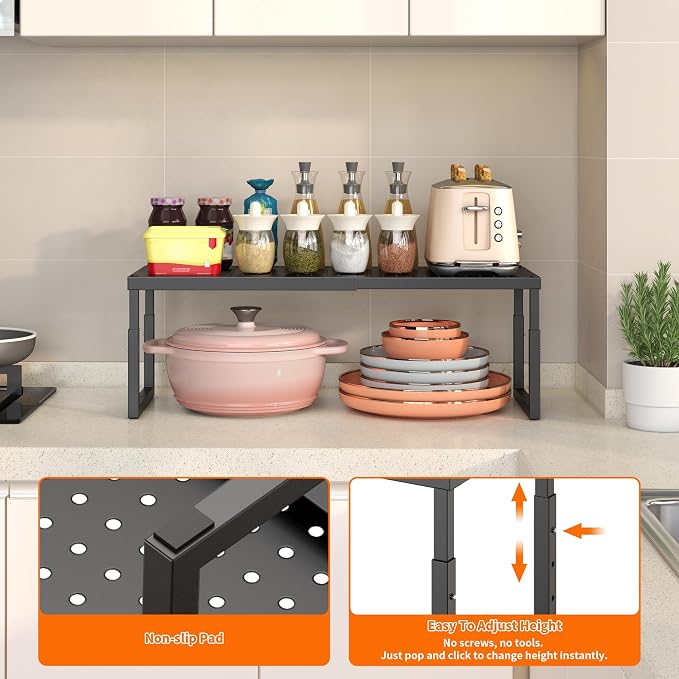 Shelf Organizer Riser For Cabinet Pantry Kitchen Countertop Cupbaord Closet | Expandable Width, Adjustable Height, Stackable As 2-Tier Shelf Rack, Snap-Button: Easily Adjust Height, Heavy Duty Metal