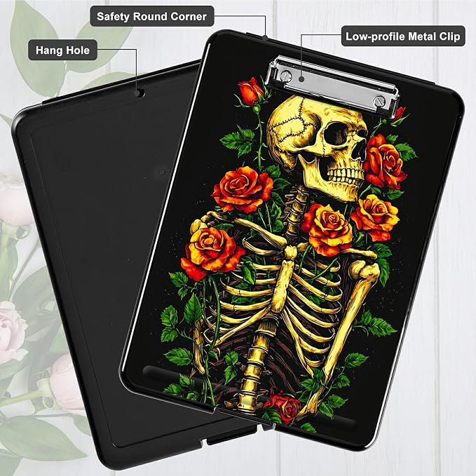 Skull Red Rose A4 Clipboard with Storage Pen Holder, Clipboards Organizer Nursing Clipboard Foldable File Folder Plastic Clipboard Folio Clip Board for Office Students Classroom Doctor