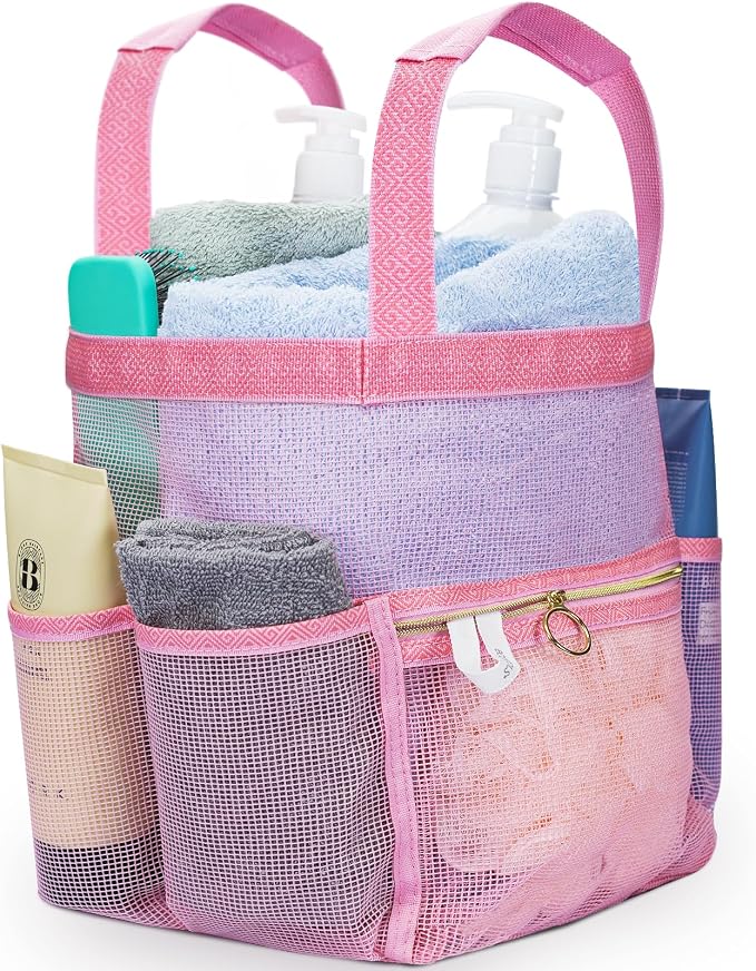 Mesh Shower Caddy Dorm, 7 Pockets & 1 with Zipper, Shower Tote with Padded Handles, Travel Portable, Shower Caddy College Room Essentials, Bathroom Shower Bag (Pink)