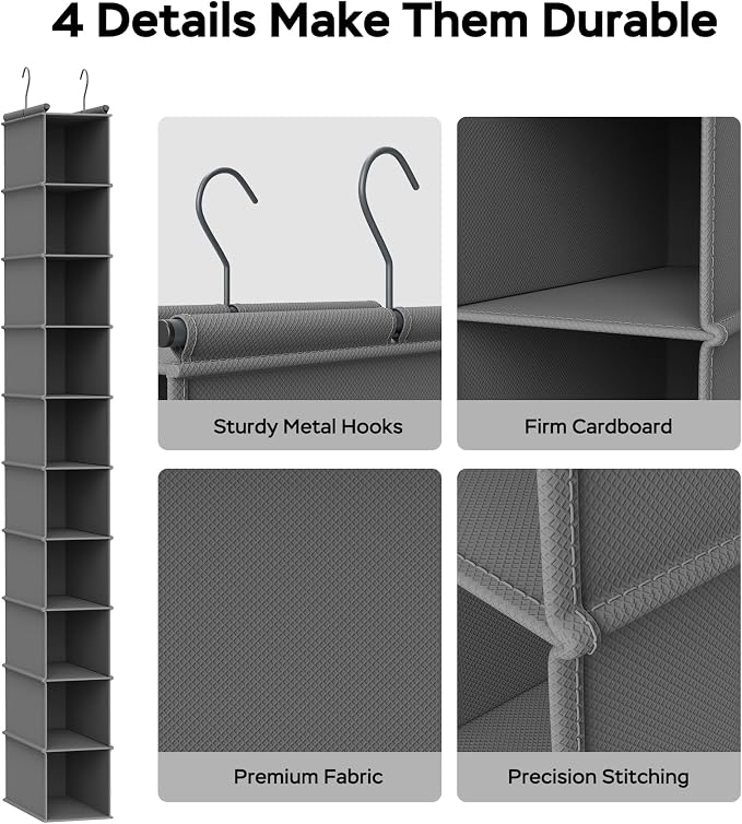 MAX Houser 10-Shelf Hanging Shoe Shelf Organizer for Closet,2 Pack Grey | Foldable Hanging Shoe Storage Shelf with 2 Metal Hooks, Space Saving Storage for Narrow Space