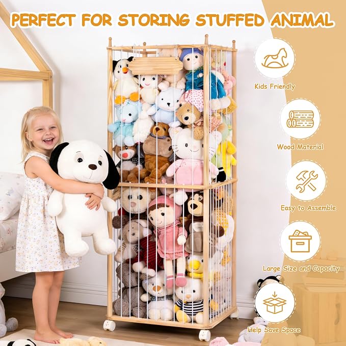 Large Stuffed Animal Storage with Wheels for Kids' Playroom | 59.4"H Giant Stuffed Animal Organizer for Toddler Bedroom and Nursery - Stuffed Animal Zoo Holder for Boys and Girls
