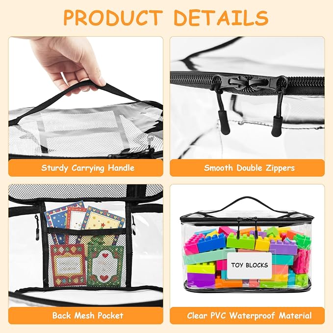 HOUYEE 3 Pack Extra Large Clear Toy Storage Bags With Zipper (Black) | Toy Organizer Bags with Name Tags and Mesh Pocket,Reusable PVC Waterproof Storage Bags for Toys, Board Games, Building Blocks