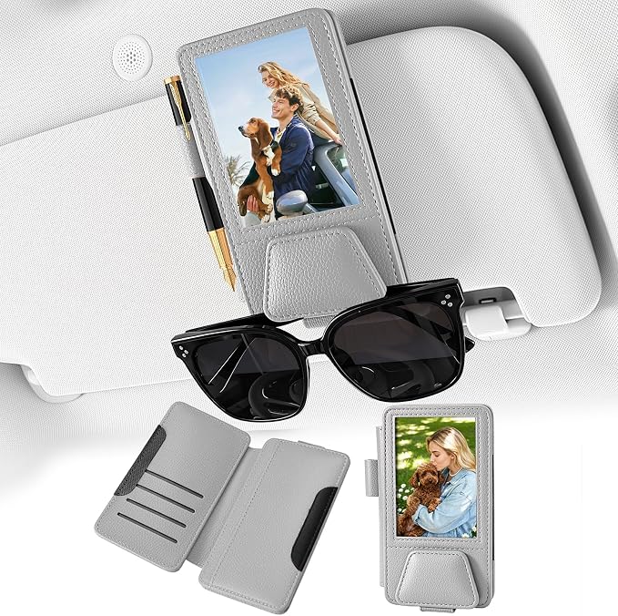 HOLDCY Car Visor Organizer with Registration Holder and Sunglasses Clip | Grey PU Faux Leather With Photo Window, Flip-Open Card Storage, Slim Profile And Tool-Free Setup; 1 Piece