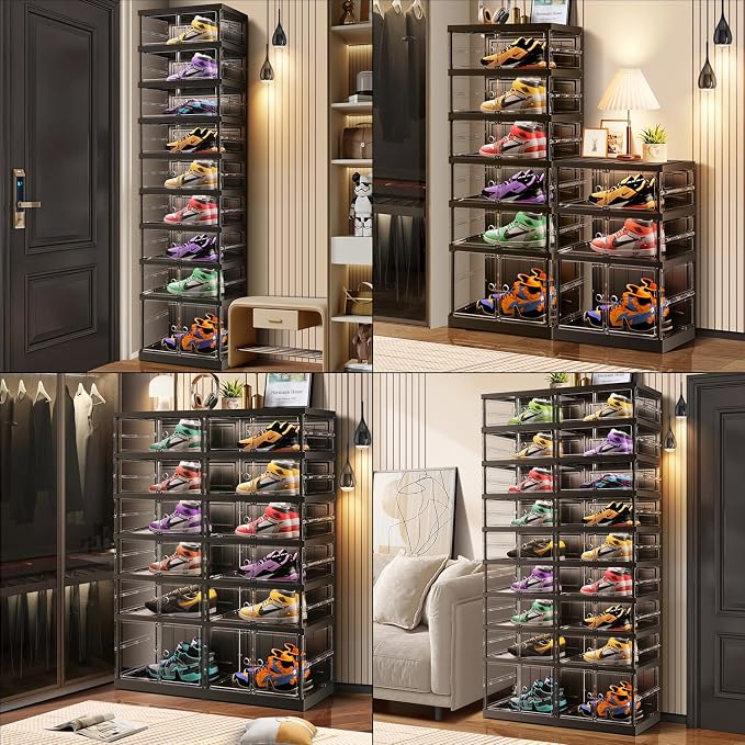 CIMLORD 6-Tier Foldable Shoe Rack, Magnetic Clear Doors, 24 Pairs, Black | Collapsible Large Plastic Shoe Cabinet, Stackable, Lidded, Tool-Free Assembly, Fits Boots & Sneakers, Closet & Entryway