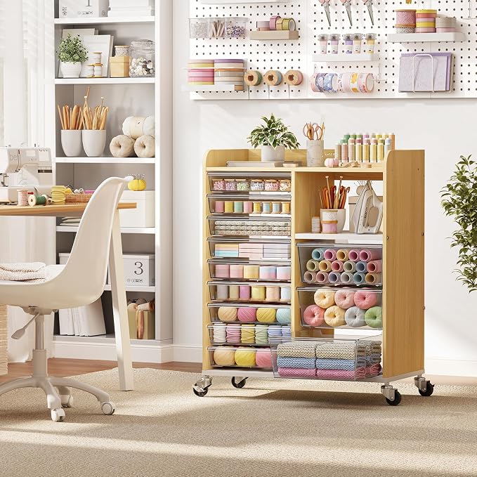 12-Drawer Storage Cabinet with Wooden Top,Open Shelf, Wood Grain | Storage Furniture System with PET Clear Drawers, Lockable Wheels, for Craft Room, Makeup Vanity, Kids & Home Organization