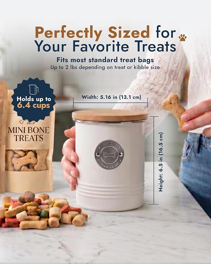 Dog Treat Container with Bamboo Lid, White Metal, 5.1” W x 6.5” H, 6.4 Cups | Silicone Seal, Easy-Open Lid, Premium Seamless One-Piece Body, Dent-Resistant, Fits Most Dog Treats, Modern Countertop Decor