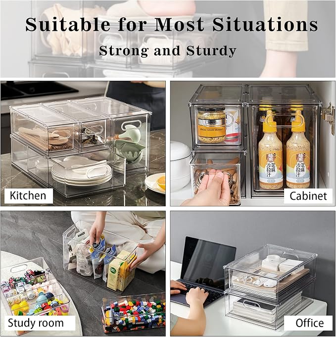 MANO Fridge Drawer Pull Out Stackable Bins with Handle Clear Refrigerator Drawers Organizer Food Storage Container Box Plastic Produce Saver for Pantry, Cabinet, Kitchen, Clothes（4Pack）