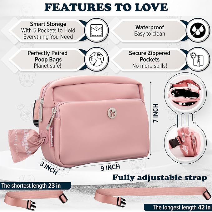 Puppington 3-in-1 Crossbody Dog Treat Pouch for Pet Training - Compostable Poop Bags, Built-In Poop Bag Dispenser, Slow-Feeding Travel Dog Bowl & Reflective Leash - Dog Walking Bag (Blush Pink)