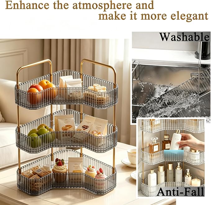 3-Tier Corner Bathroom Organizer, Skincare Vanity Counter Shelf Grey | Premium PET Perfume Display Stand with Gold Metal Rods, Space-Saving 90 Degree Storage Rack for Dresser