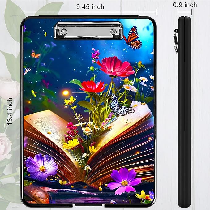 Book Flower A4 Clipboard with Storage Pen Holder, Clipboards Organizer Nursing Clipboard Foldable File Folder Plastic Clipboard Folio Clip Board for Office Students Classroom Doctor