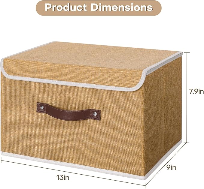 ANMINY Fabric Storage Box Bins with Lids, Khaki, 13"x9"x7.9" | Keepsake Memory Storage, Cotton Linen, PP Board Reinforced, Washable, PU Handles, Foldable & Stackable, Decorative, Medium