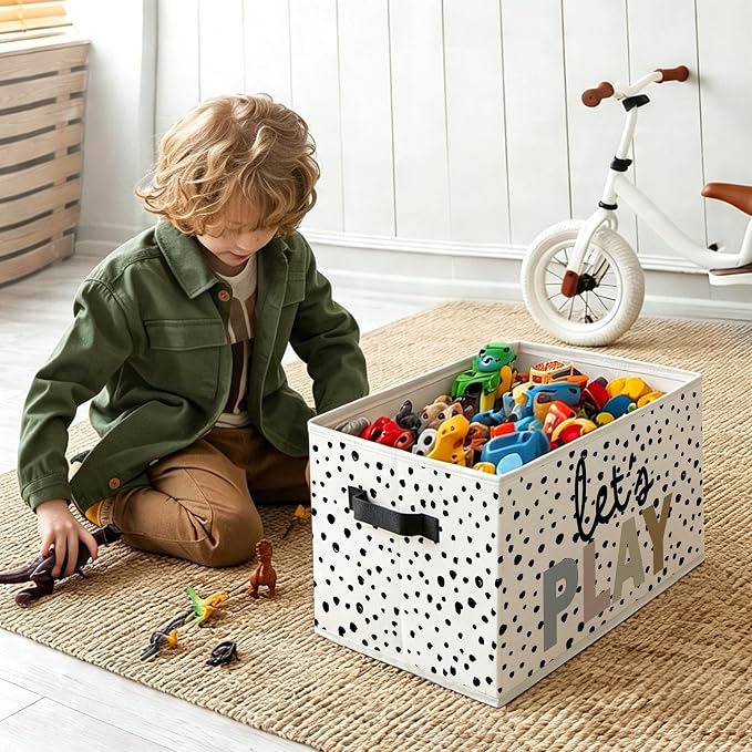 Boho Nursery Playroom Foldable Storage Bins Box with Handles, Kids Playroom Let's Play Polka Dot Decorative Storage Boxes Baskets Toybox Organizer for Kids Boy Girl Nursery Room Bedroom