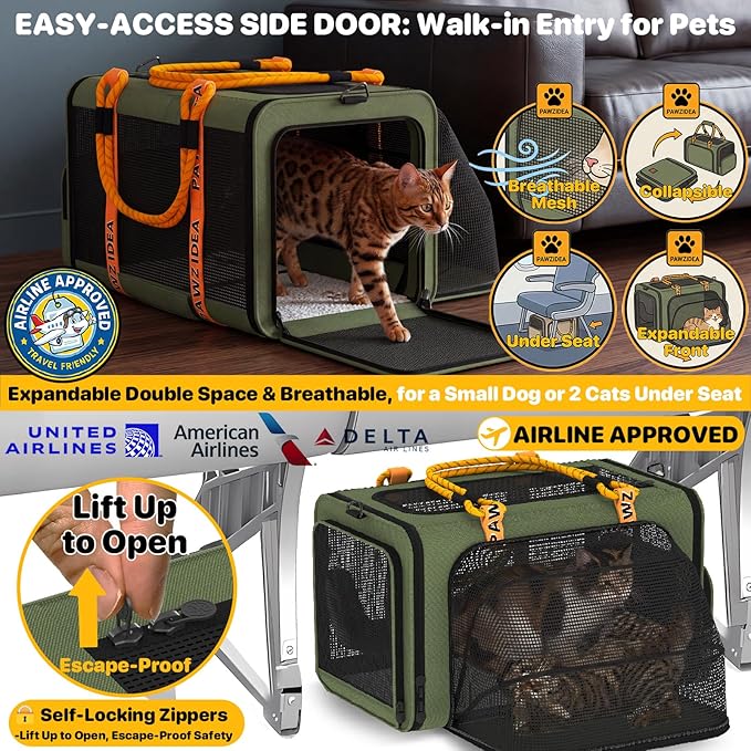 PAWZIDEA Expandable Pet Carrier with Wheels, TSA Airline Approved, Up 18lbs | 18x11x11 Underseat, Rolling Soft-Sided Carrier for Large Cats & Small Dog Travel Bag, Self-Locking Zippers, Telescopic Handle