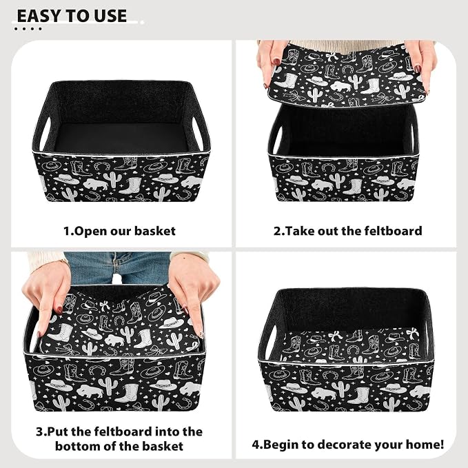 Emelivor Western Cowgirl Black Storage Basket Bins Set (2pcs) Felt Foldable Storage Bins with Handles Foldable Storage Baskets Boxes for Nursery,Kids Room,Clothes,Towels,Magazine