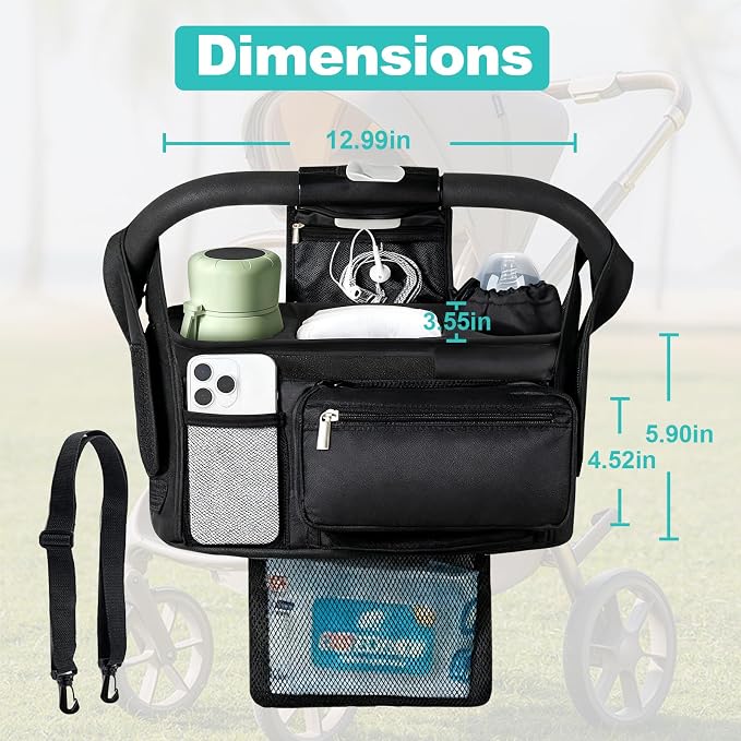 Universal Stroller Organizer with Insulated Cup Holder Detachable Phone Bag & Shoulder Strap, Bag Caddy Fits for Stroller like Uppababy, Baby Jogger, Britax, BOB, Umbrella & Pet Stroller
