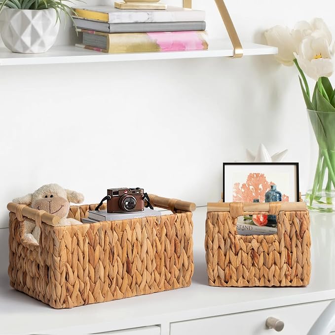 JS HANGER Water Hyacinth Storage Baskets, Handwoven Wicker Shelf Baskets Bin for Organizing Decorative Wicker Baskets with Wooden Handles,12.6"L x 7.9"W x 7.1"H, 2-Pack