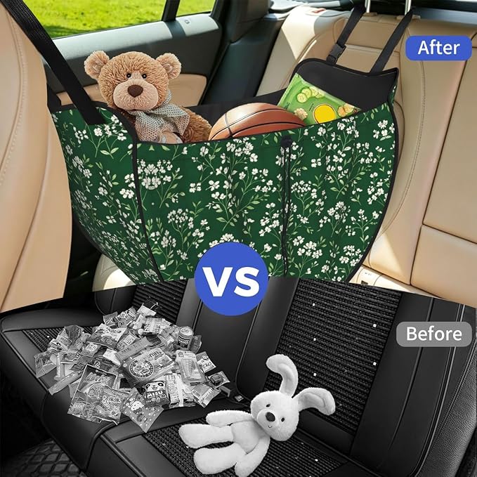 Dark Green Floral Car Seat Organizer-Backseat Storage Bag for Travel | Waterproof Durable. Holds Snacks Gear Essentials. Fits Most Cars.