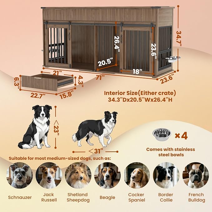 71" Large Dog Crate TV Stand with 3 Fluted Drawers, Furniture Style Wooden Double Dog Crate Furniture with Power Outlet and Rotating Feeders, Dogs Cage for Small Medium Large Dogs, Walnut