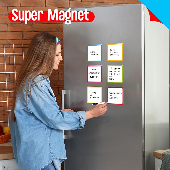 Magnetic Blank Labels, 24 PCS Dry Erase Reusable Neon Name Tag Magnets with Colorful Frame in 6 Colors for Whiteboard, Locker, Fridge, School, Office, Home (Each Measures 3.6" x 3.6")
